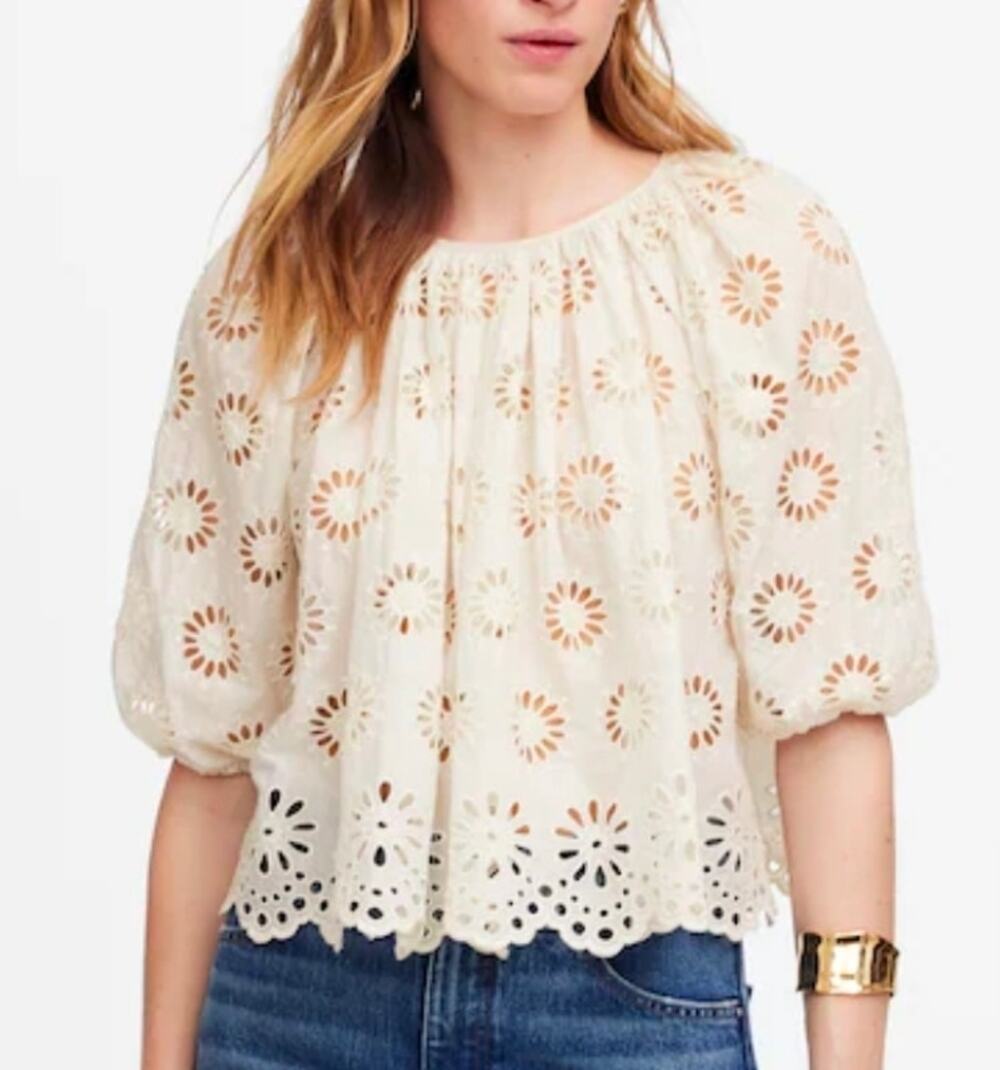 Madewell Embroidered Shirred Puff-Sleeve Top Size XS NWT